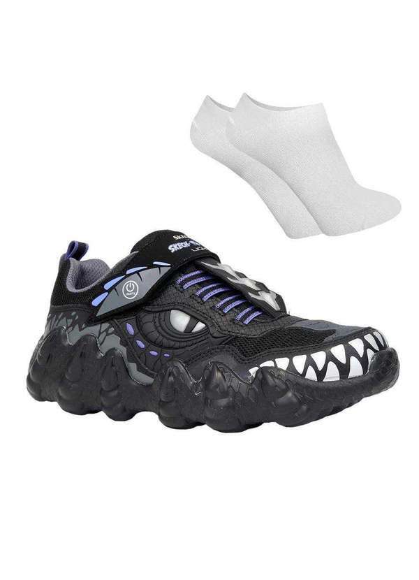 Skechers - Kit Tênis Skechers Sauros Lights Dino Infantil e par de Meia Preto