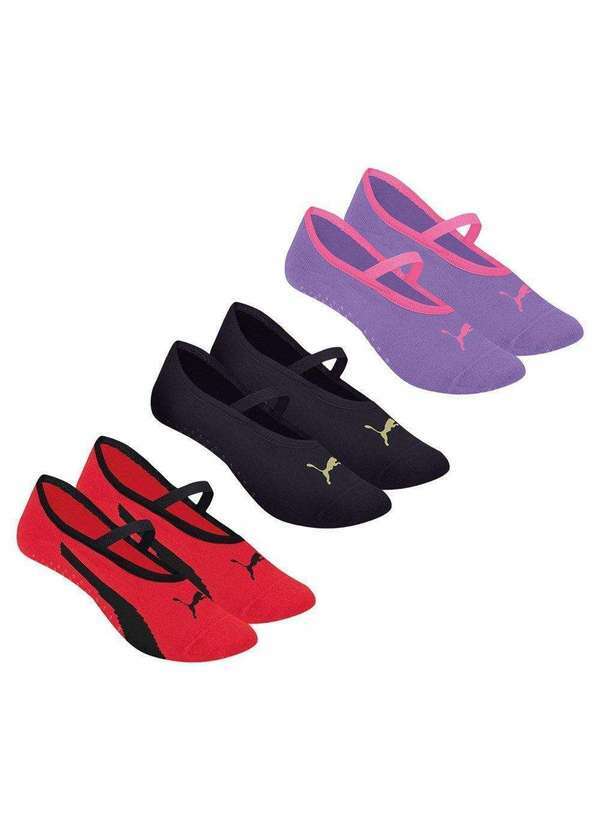 Puma - Kit 3 pares de Meias Puma Sapatilha Pilates Feminina Roxo