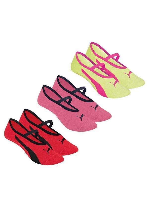 Puma - Kit 3 pares de Meias Puma Sapatilha Pilates Feminina Vermelho