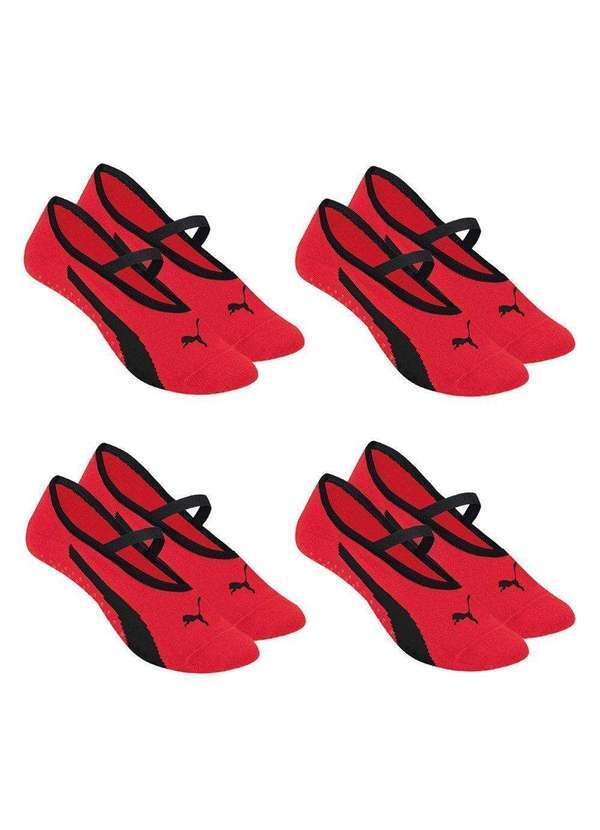 Puma - Kit 4 pares de Meias Puma Sapatilha Pilates Feminina Vermelho