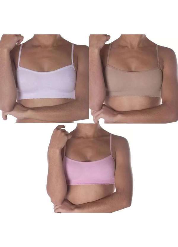 Selene - Kit 3 Tops Selene sem Costura Infantil - Branco/Rosa/Bege Branco