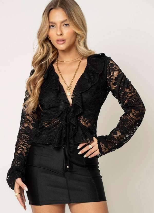 Planet Girls - Blusa Feminina com Renda Planet Girls Preto Preto