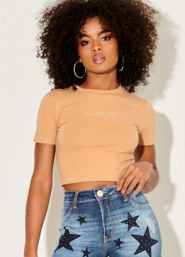 Planet Girls - Camiseta Cropped Feminina Logo Strass Planet Girls Bege Médio Bege Médio