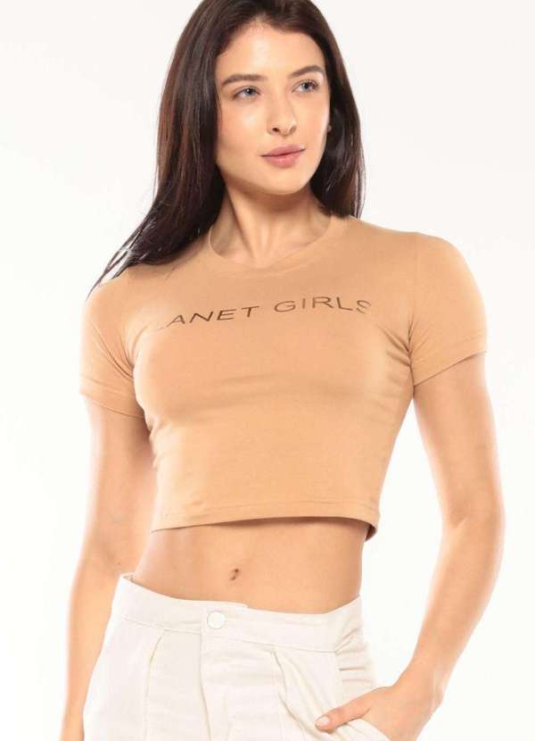 Planet Girls - Camiseta Cropped Feminina Logo em Silk Planet Girls Bege Médio Bege Medio