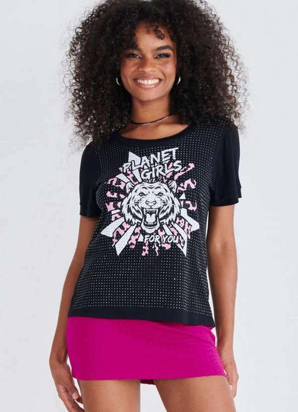 Planet Girls - Camiseta Feminina Malha com Strass Planet Girls Preto Preto