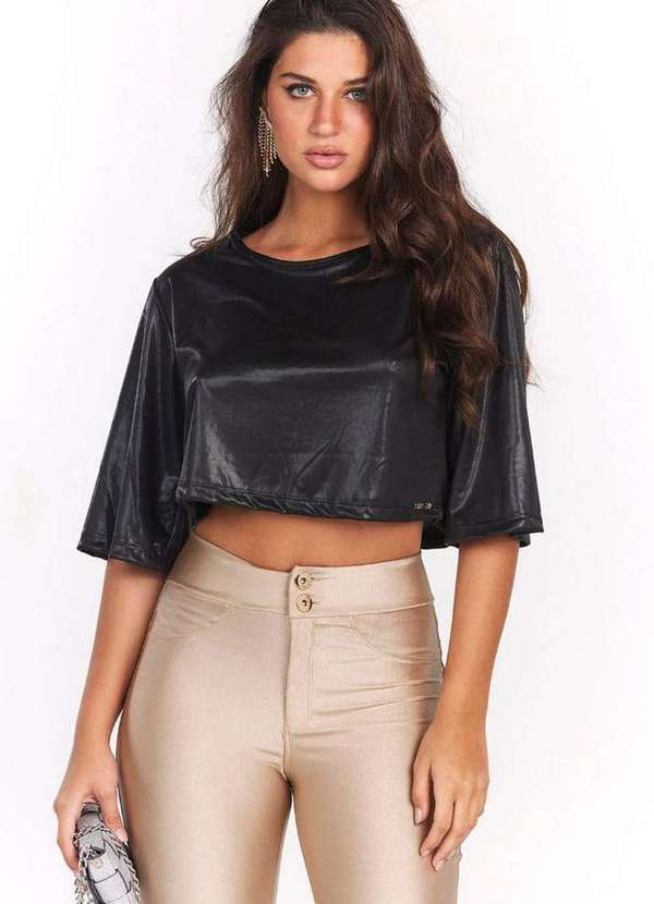 Planet Girls - Cropped Feminino Manga 3/4 Liso Planet Girls Preto Preto