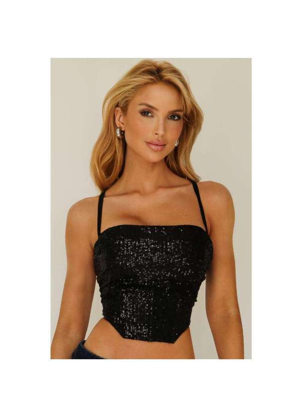 Planet Girls - Cropped Paetê Alça Longa Amarração Planet Girls Preto Preto