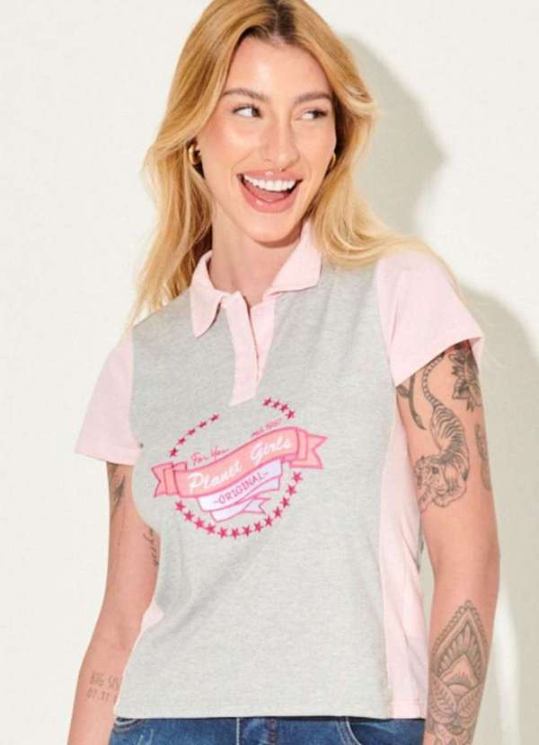 Planet Girls - Polo Feminina Piquet Estampa Bordada Planet Girls Cinza Claro Cinza Claro