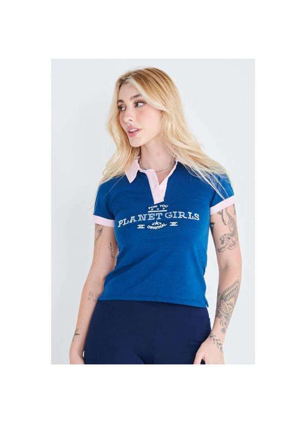 Planet Girls - Polo Feminina Piquet Paetê Planet Girls Azul Escuro Azul Escuro