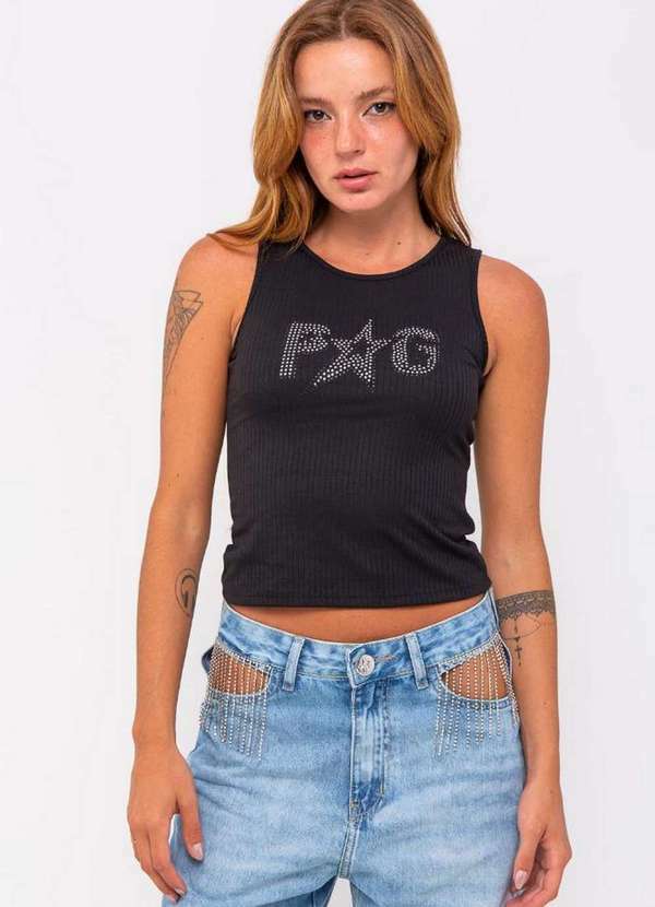 Planet Girls - Regata Malha Aplicação Strass Planet Girls Preto Preto