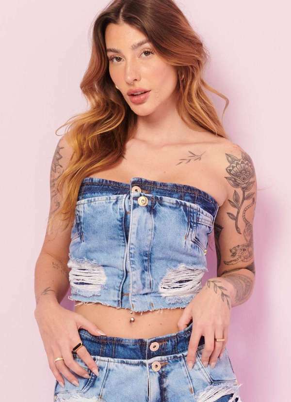 Planet Girls - Top Feminino sem Mangas com Puidos Planet Girls Jeans Claro Jeans Claro