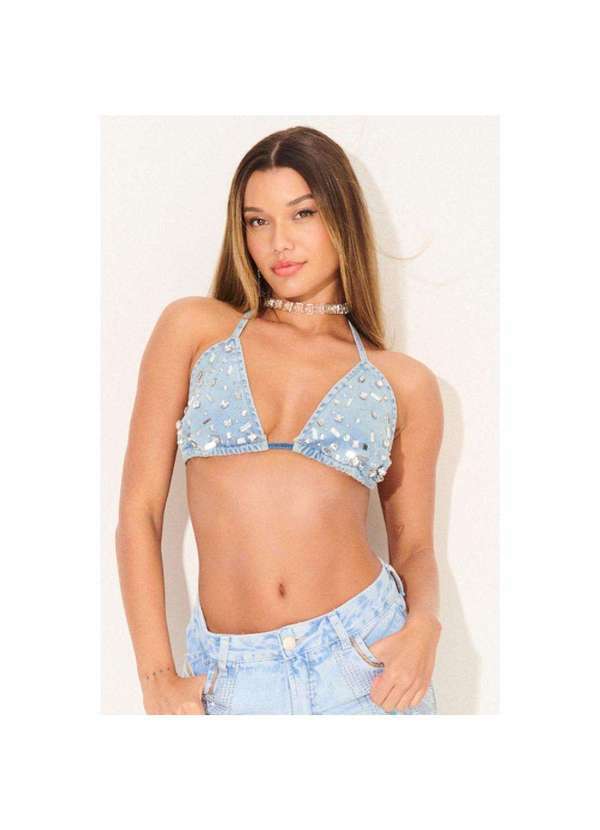 Planet Girls - Top Jeans Aplique em Pedraria Planet Girls Jeans Claro Jeans Claro