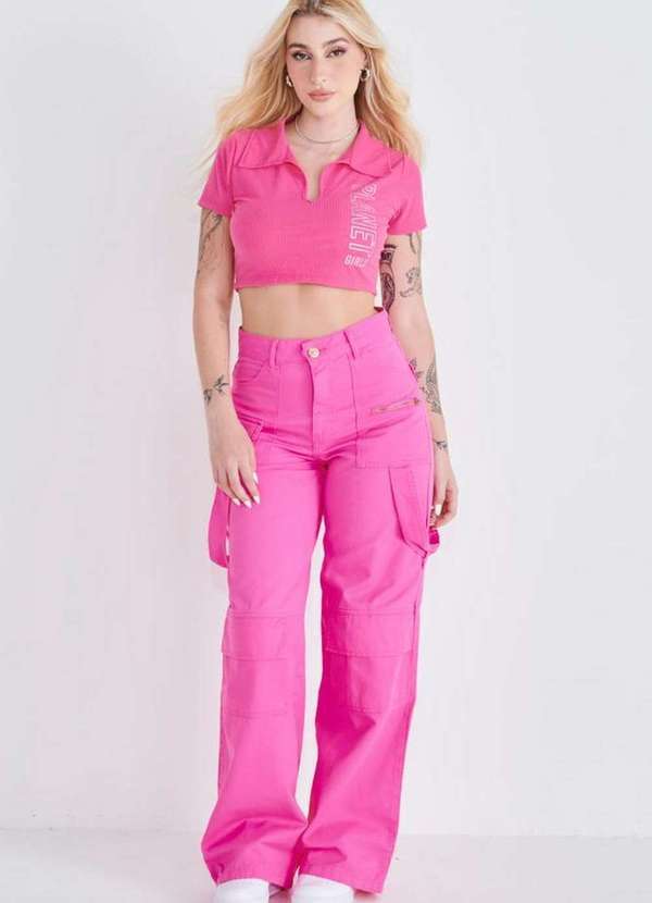 Planet Girls - Calça Feminina Jeans Cargo Lisa Planet Girls Rosa Médio Rosa Médio