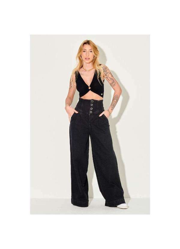 Planet Girls - Calça Jeans Feminina Pantalona Used Planet Girls Preto Preto