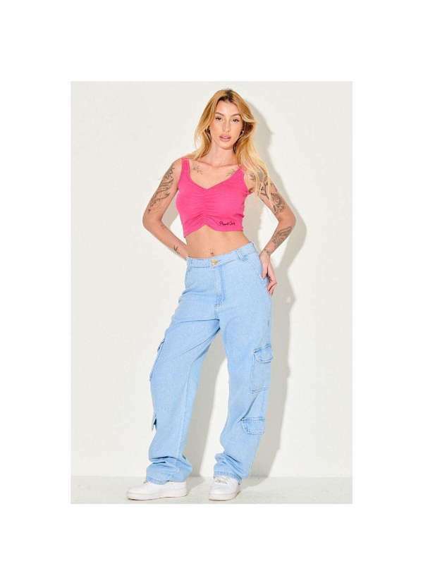 Planet Girls - Calça Feminina Jeans Wide Leg Cargo Planet Girls Jeans Claro Jeans Claro