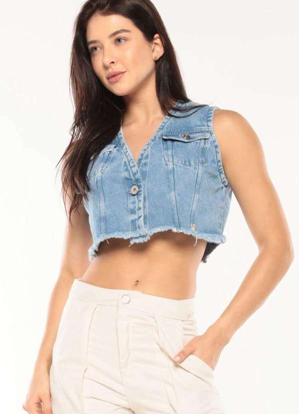 Planet Girls - Colete Jeans Feminino Curto Planet Girls Jeans Médio Jeans Médio