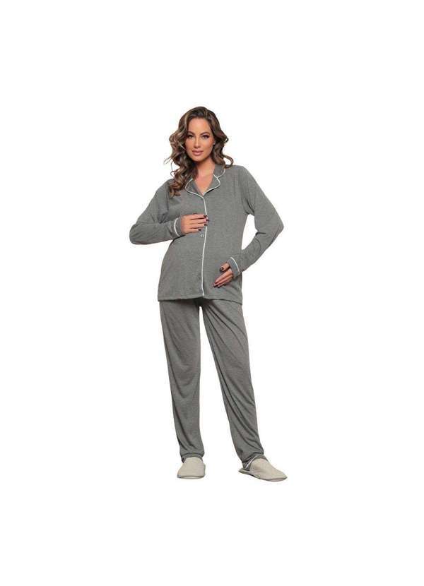 Luna Cuore - Pijama Feminino Longo Gestante Detalhe em Renda Luna Cuore Cinza