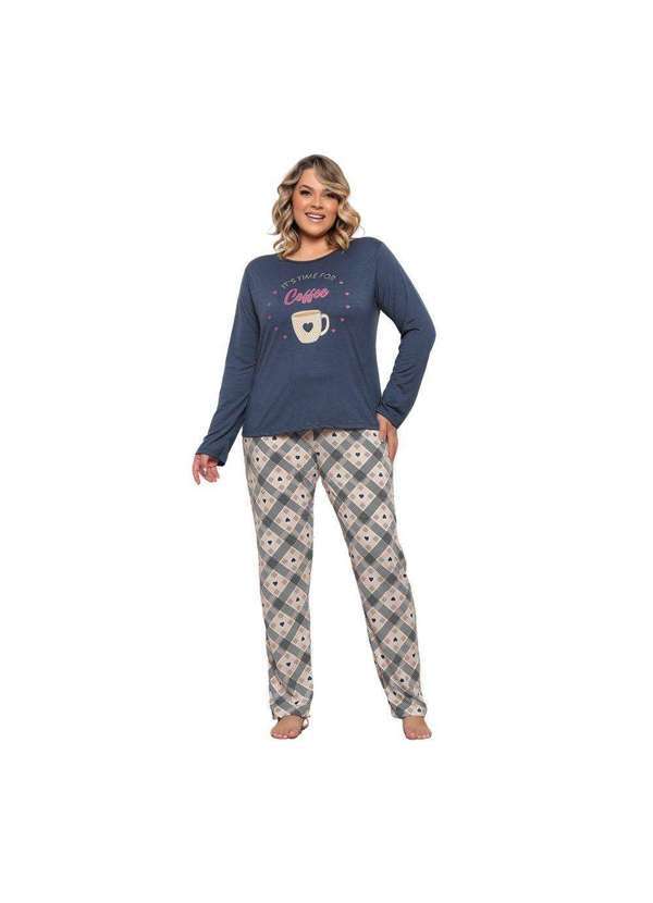 Luna Cuore - Pijama Longo Feminino Plus Size Cafe Azul