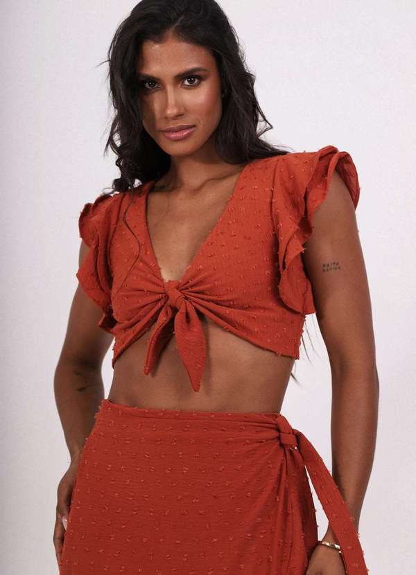 Pequia - Blusa Creponada Cropped Marrom Pequia Marrom 1