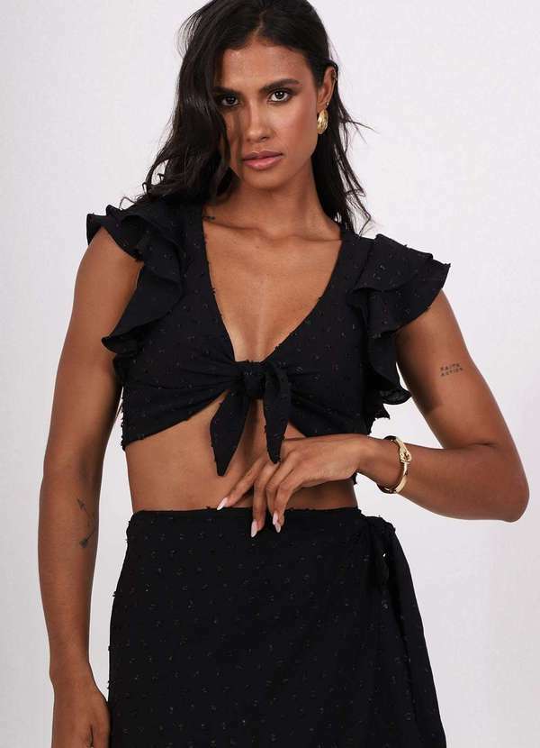 Pequia - Blusa Creponada Cropped Preta Pequia Preto