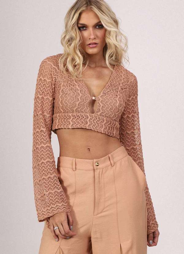 Labrava - Top Renda Decote V Nude Labrava Bege