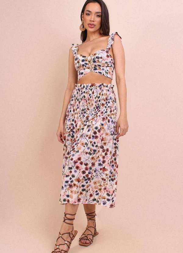 Pequia - Top Viscose Cropped Pincelada Floral Pequia Multicores