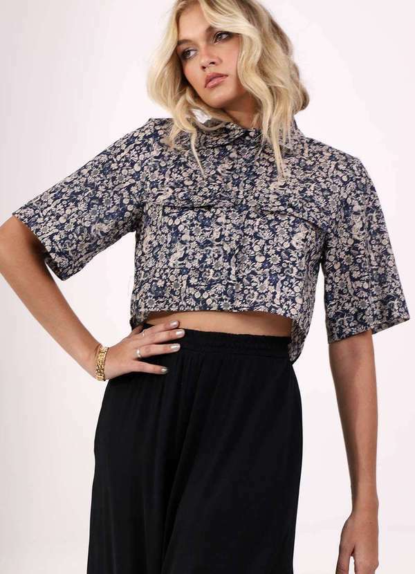 Pequia - Camisa Tricoline Cropped Recife de Corais Pequia Preto
