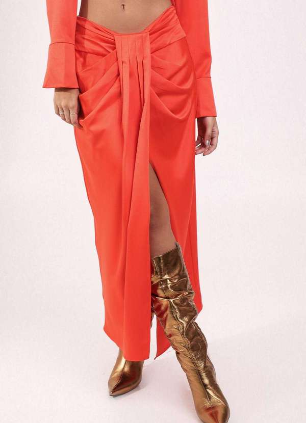 Labrava - Saia Midi Pregas Gregas Vermelha Labrava Laranja