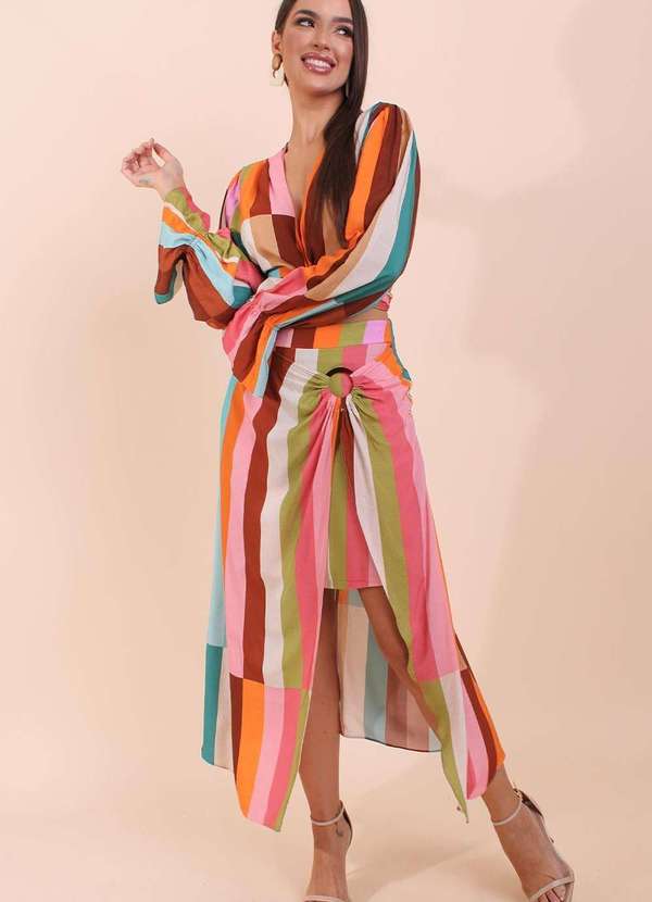 Pequia - Saia Midi Sobreposta Terracota Pequia Multicores 5