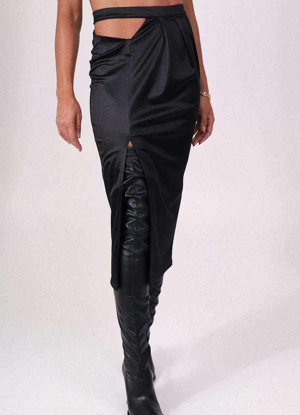 Labrava - Saia Satin Midi Assimetrica Preta Labrava Preto