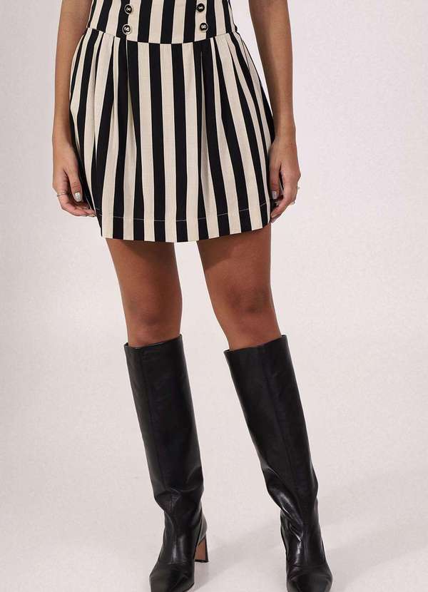 Pequia - Saia Viscose Curta Listra Navy Preta Pequia Bege