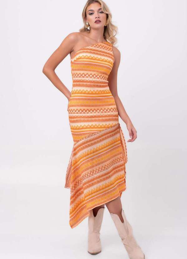 Labrava - Vestido Bordado Midi Ondas Assimetricas Etnia Laranja Labrava Laranja