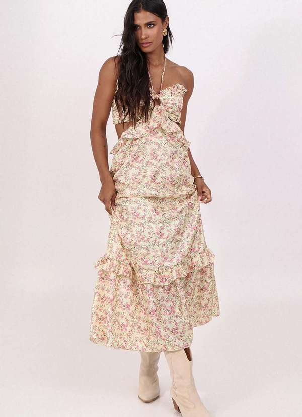 Pequia - Vestido Cetim Midi Cerejeira Pequia Amarelo