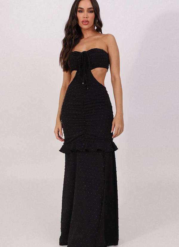 Pequia - Vestido Creponado Canaleta Longo Preto Pequia Preto
