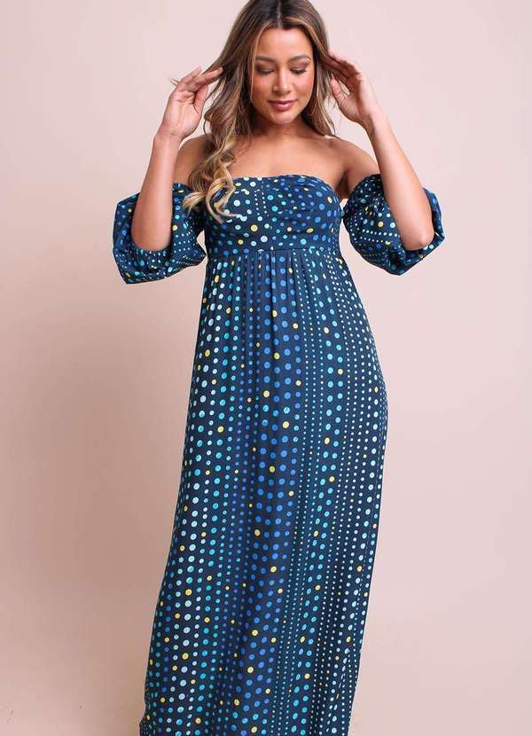 Pequia - Vestido Longo Imperio Gota de Orvalho Pequia Azul