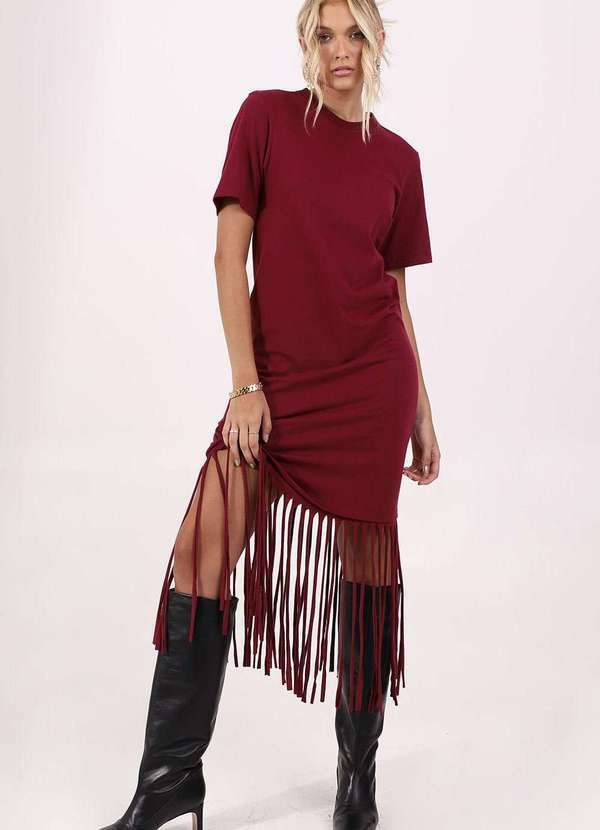 Pequia - Vestido Malha T-Shirt Oversized Vinho Pequia Vermelho