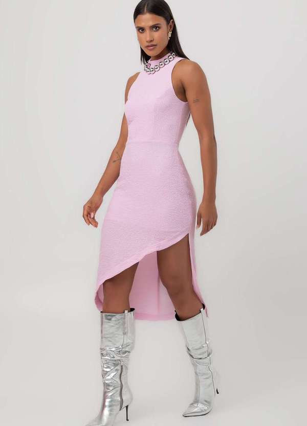 Labrava - Vestido Midi Assimetrico Fenda Rosa Labrava Rosa 3