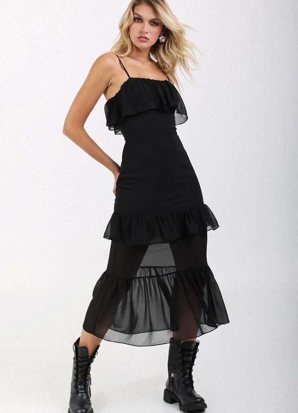 Labrava - Vestido Midi Babados Preto Labrava Preto