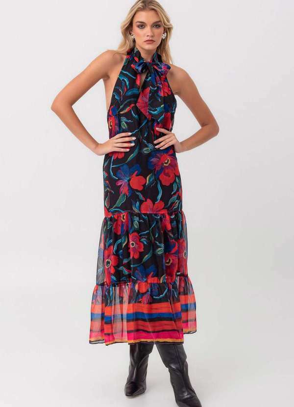 Pequia - Vestido Midi Chiffon Laco Jardim Botanico Pequia Preto