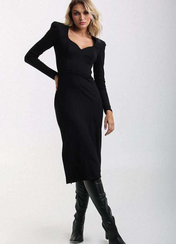 Labrava - Vestido Midi Decote Princesa Preto Labrava Preto