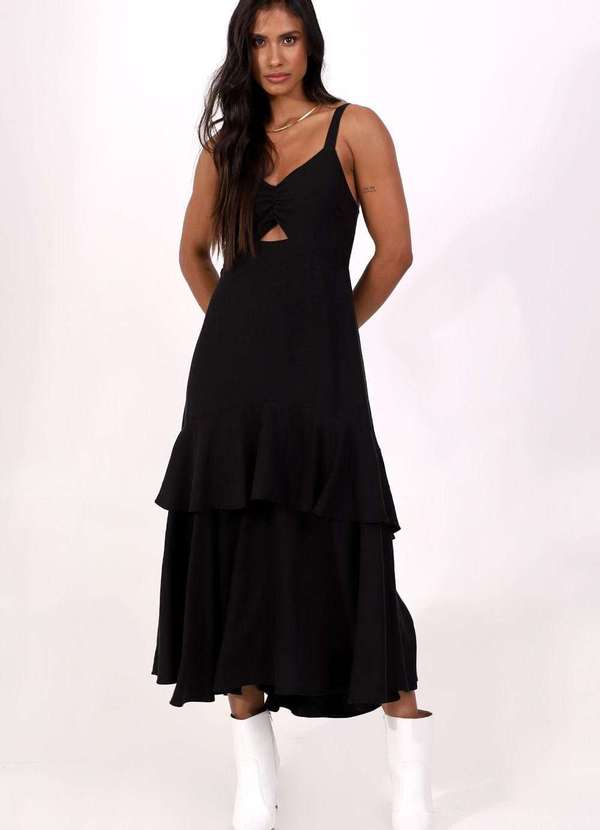 Linho Vestido Midi Com Babado Preto Vestido Midi Preto Com Babados