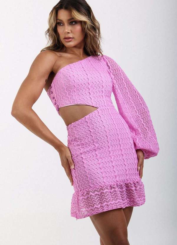 Labrava - Vestido Renda Curto Assimetrico Vazado Rosa Labrava Rosa