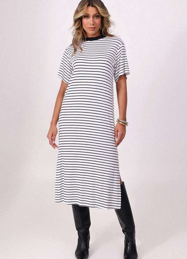 Labrava - Vestido T-Shirt Midi Listras P&B Labrava Branco