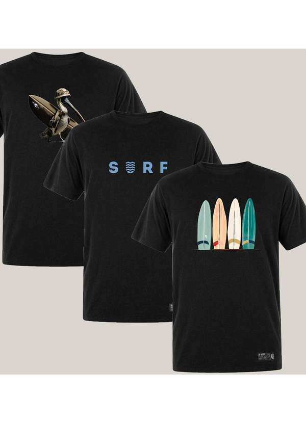 Wss Brasil - Kit 3 Camisetas Masculinas Surf Wss Brasil Preto