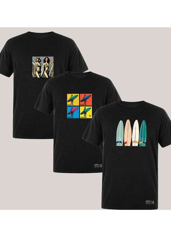 Wss Brasil - Kit 3 Camisetas Masculinas Surf Wss Brasil Preto