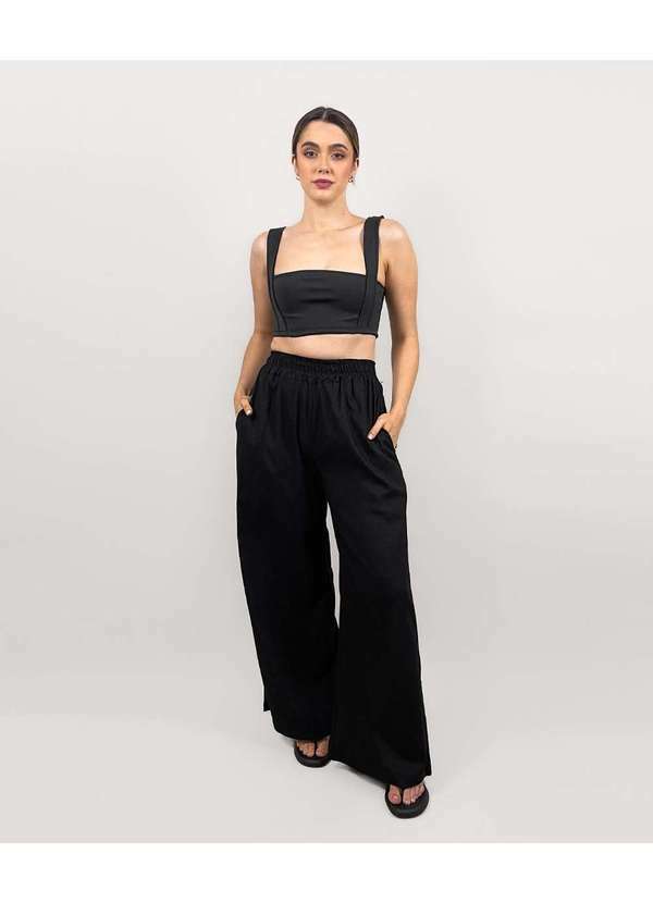 Conigli Design - Calca Bahamas Pantalona Linho Elastico Lisa Preto