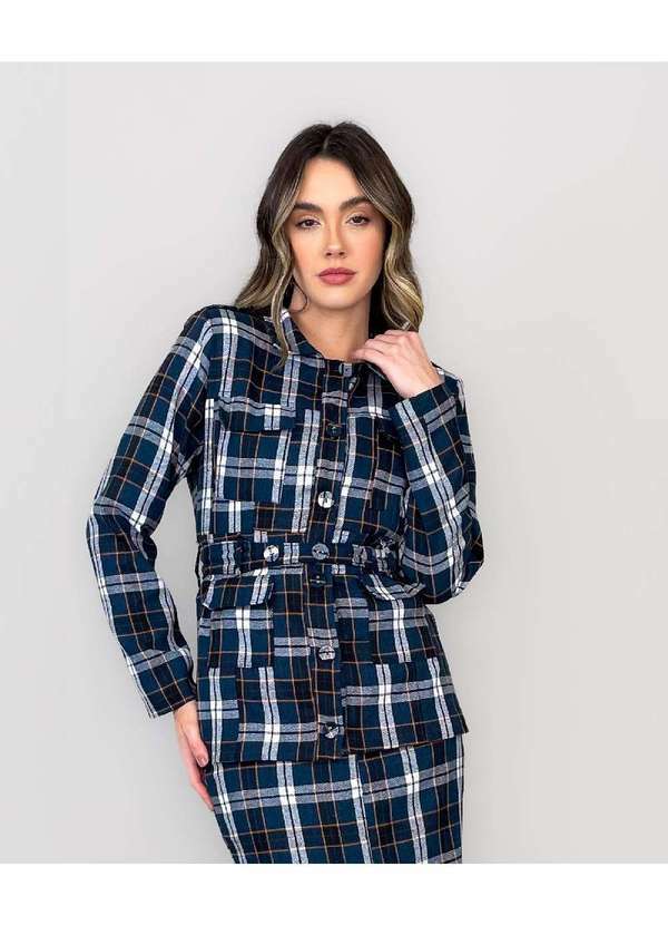 Conigli Design - Casaco Blazer Cambridge Alfaiataria com Cinto Xadrez Azul