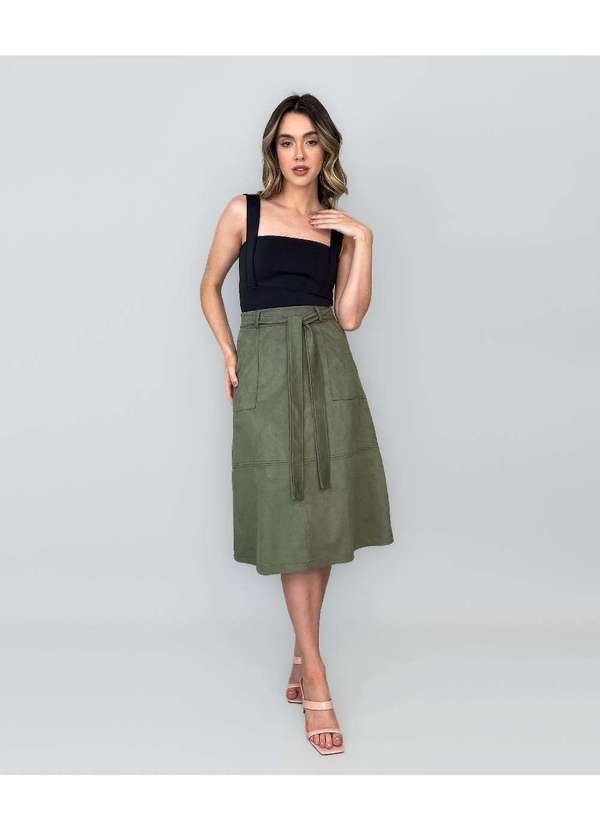 Saia Midi Viena Suede Evase Lisa Verde Conigli Design