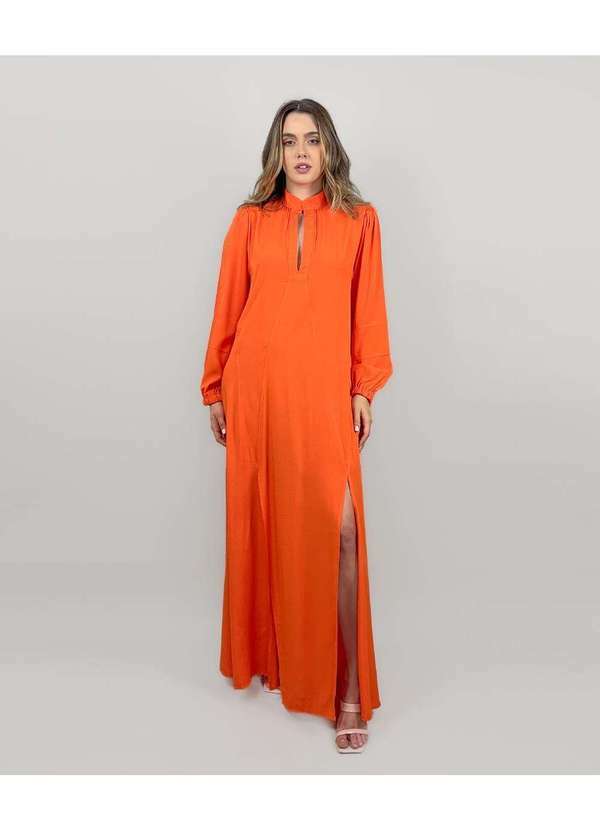 Conigli Design - Vestido Longo Ibiza Manga Longa Bufante Viscose Liso Laranja