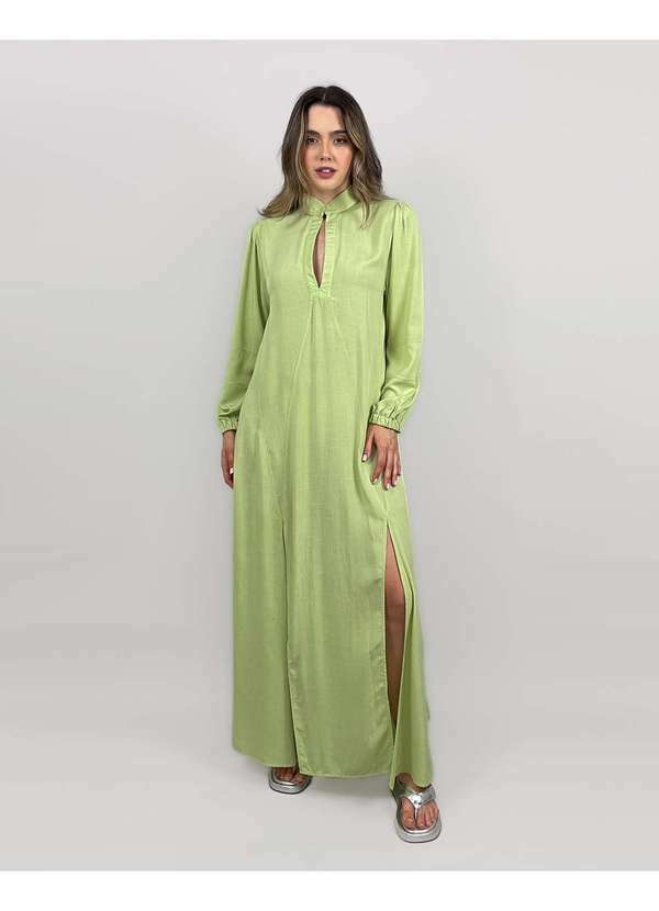 Conigli Design - Vestido Longo Ibiza Manga Longa Bufante Viscose Liso Verde